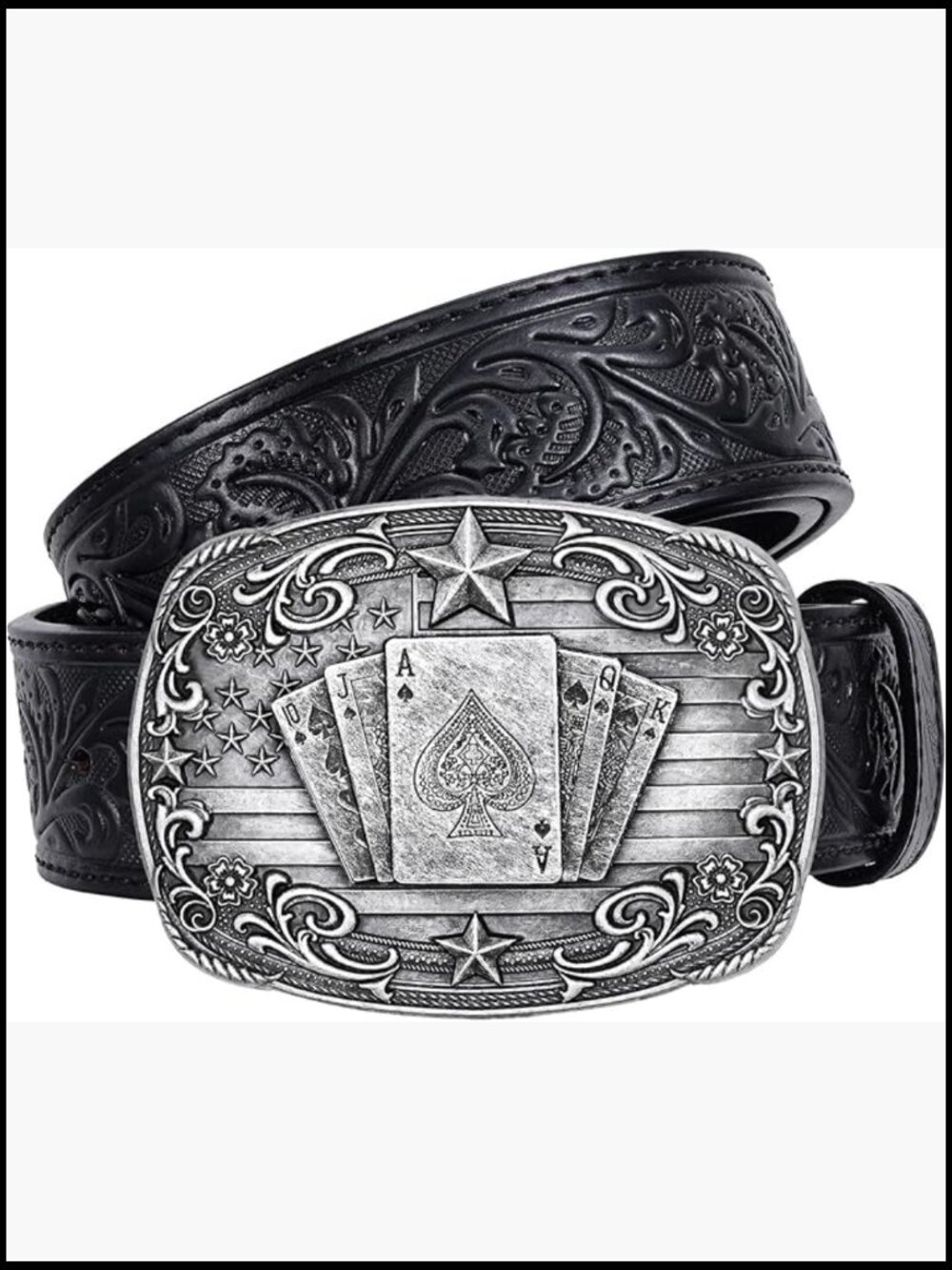 Western Cowboy Leather Belt with Floral Embossed Detachable Poker Buckle